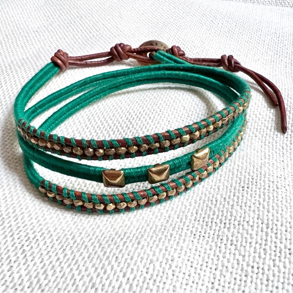 Chan Luu Jewelry - CHAN LUU Sterling & Gold Vermeil Nugget & Leather Green Wrap Boho Bracelet